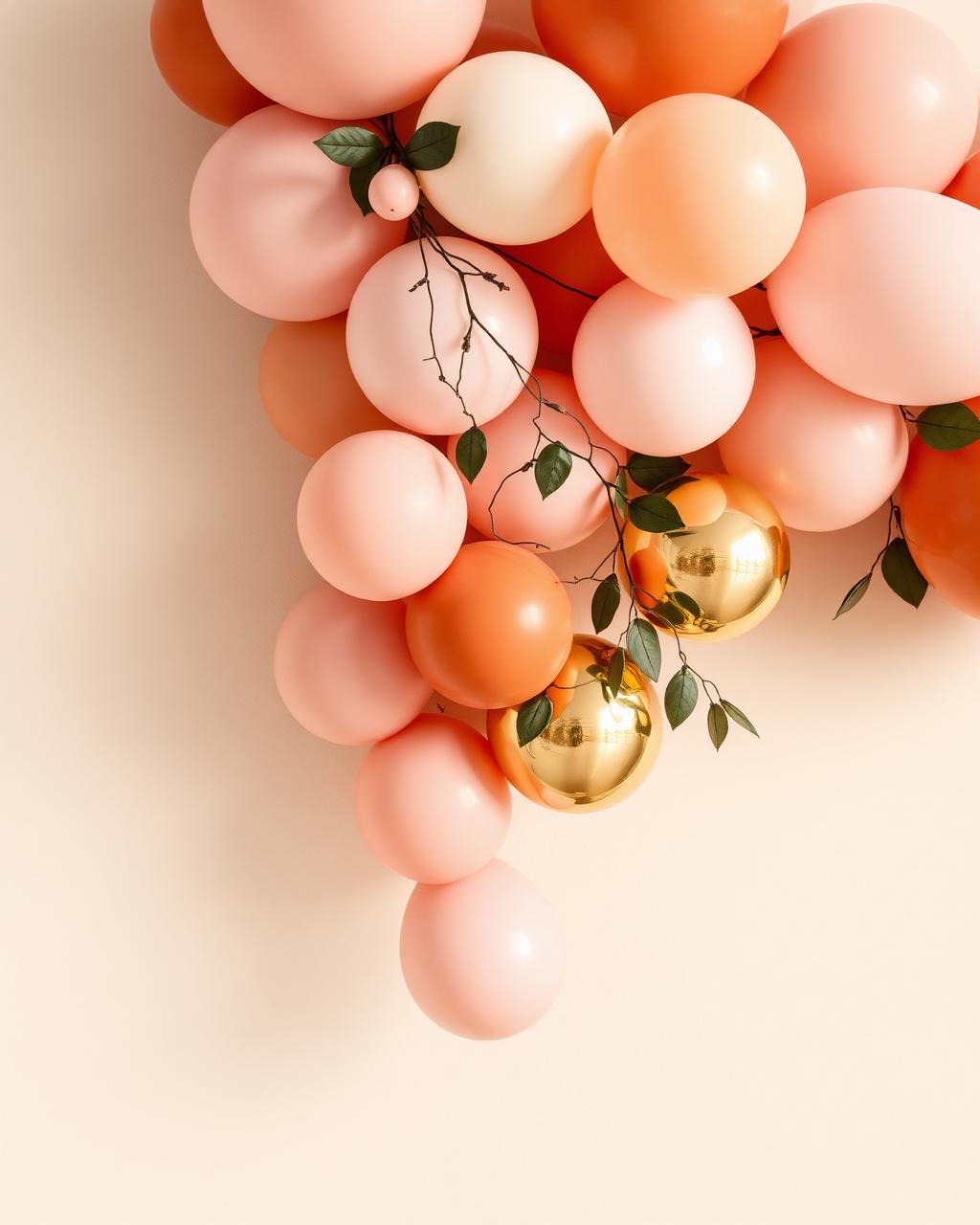 Blush, peach and gold chrome balloon garland installation against a cream wall