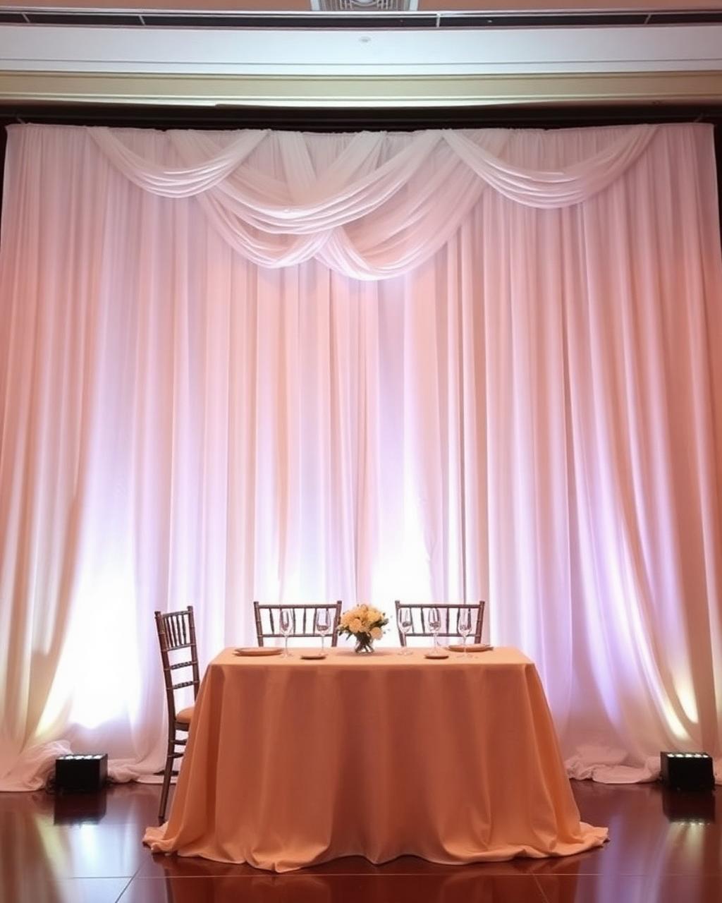 Ivory fabric draping backdrop with uplighting behind a sweetheart table