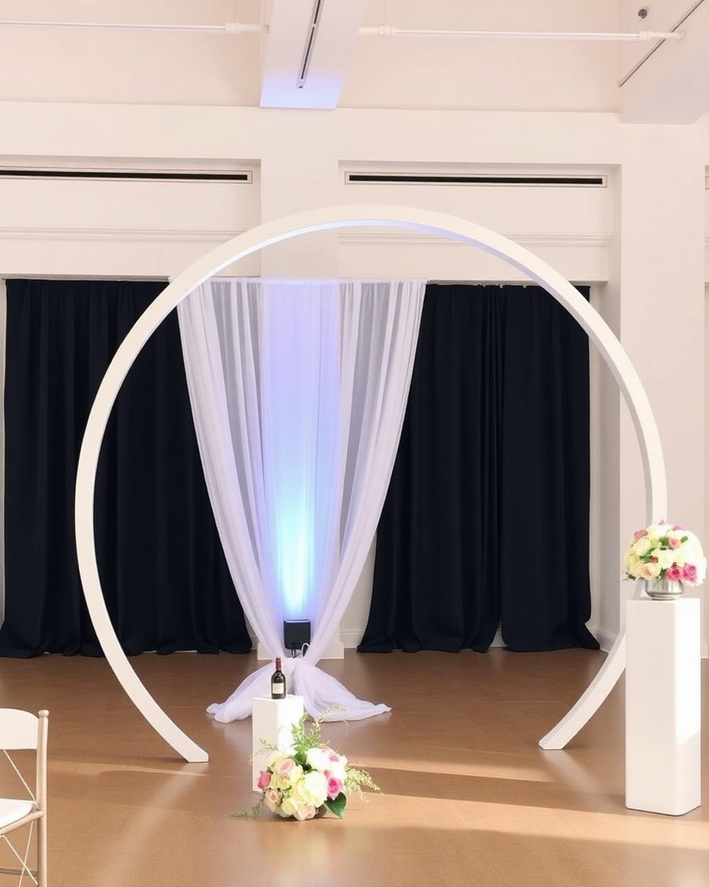 White circular event arch with sheer draping and floral accents beside white pedestal cylinders