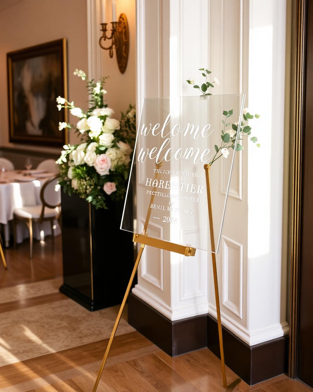 Clear acrylic welcome sign on a gold easel beside a white floral arrangement at an event entrance