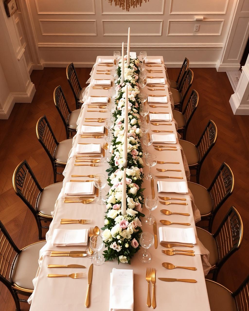 Long banquet tablescape with blush linens, gold flatware, a floral runner and a centerpiece seen from above